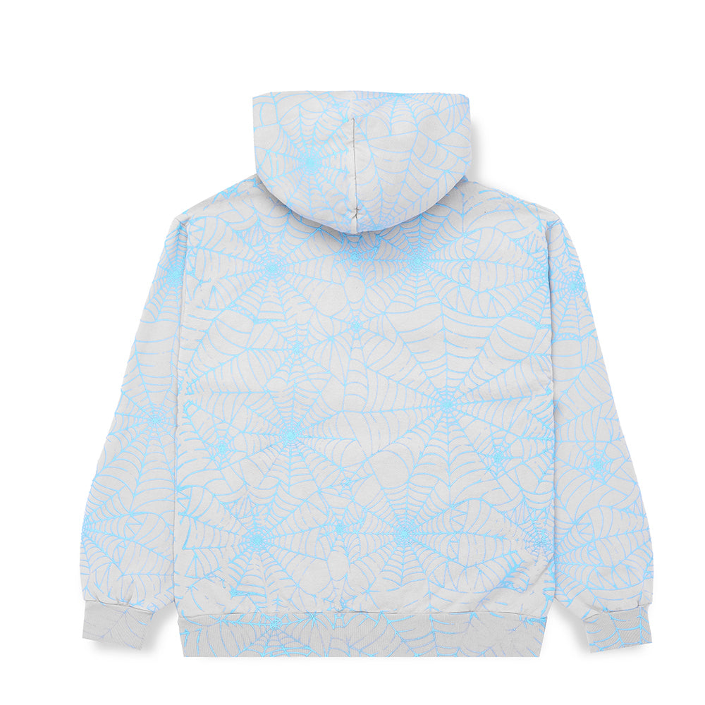 Light grey fleece hoodie with all-over cracked blue spider web print.