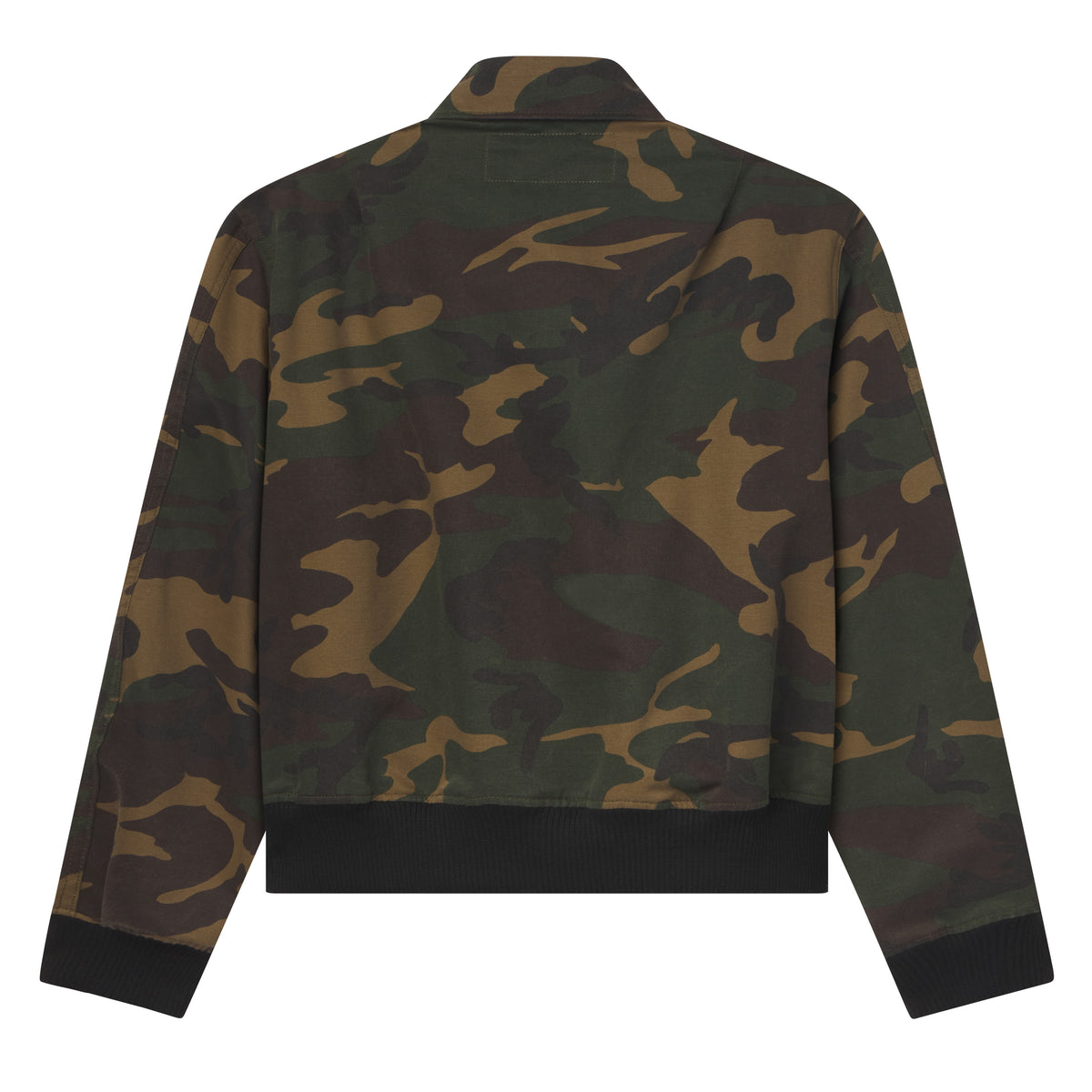 Back view of a cotton canvas camo bomber jacket with a spread collar and black rib-knit cuffs and hem.