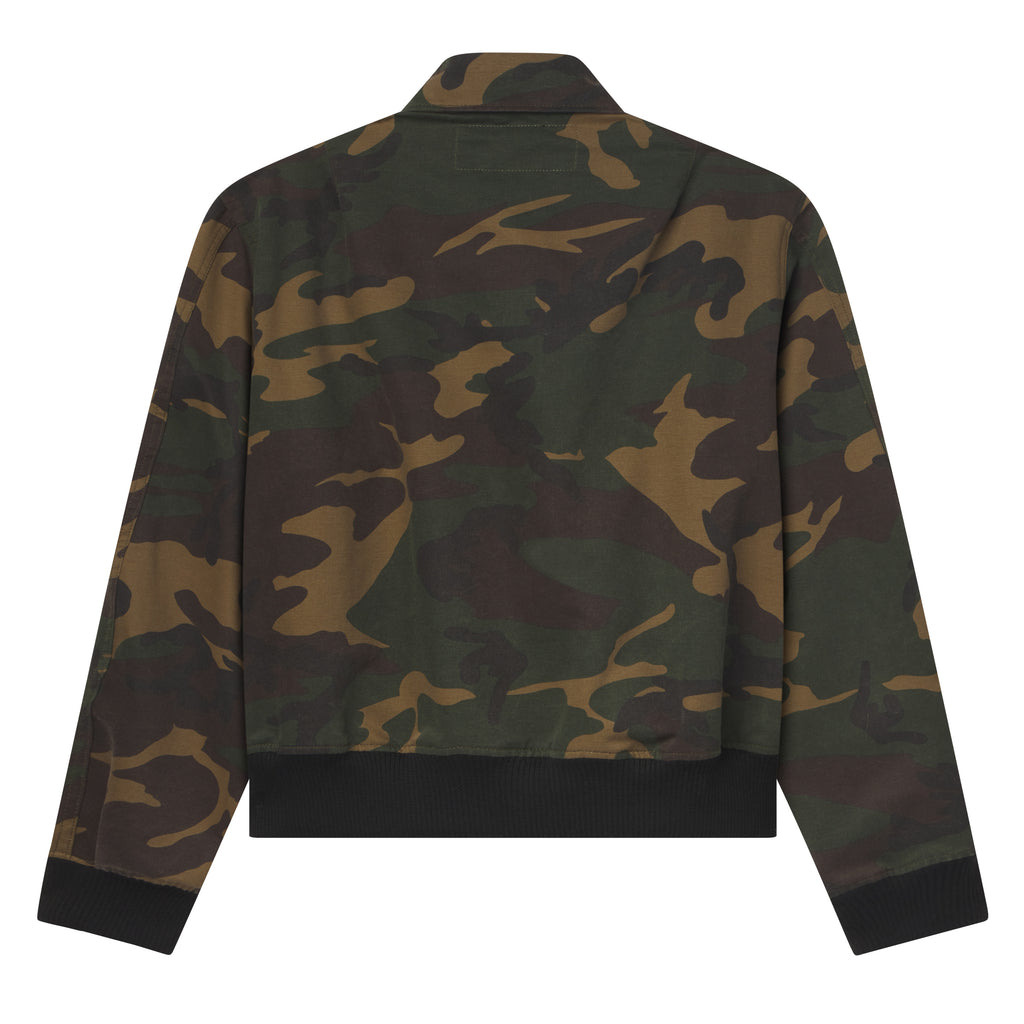 Back view of a cotton canvas camo bomber jacket with a spread collar and black rib-knit cuffs and hem.