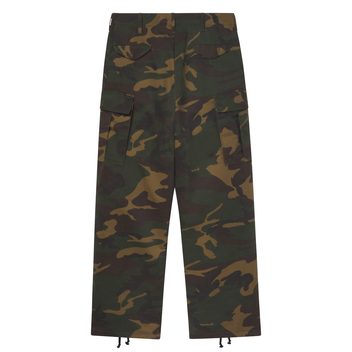 Wide-leg cotton canvas cargo pants in camo print with side pockets and adjustable hem detailing.