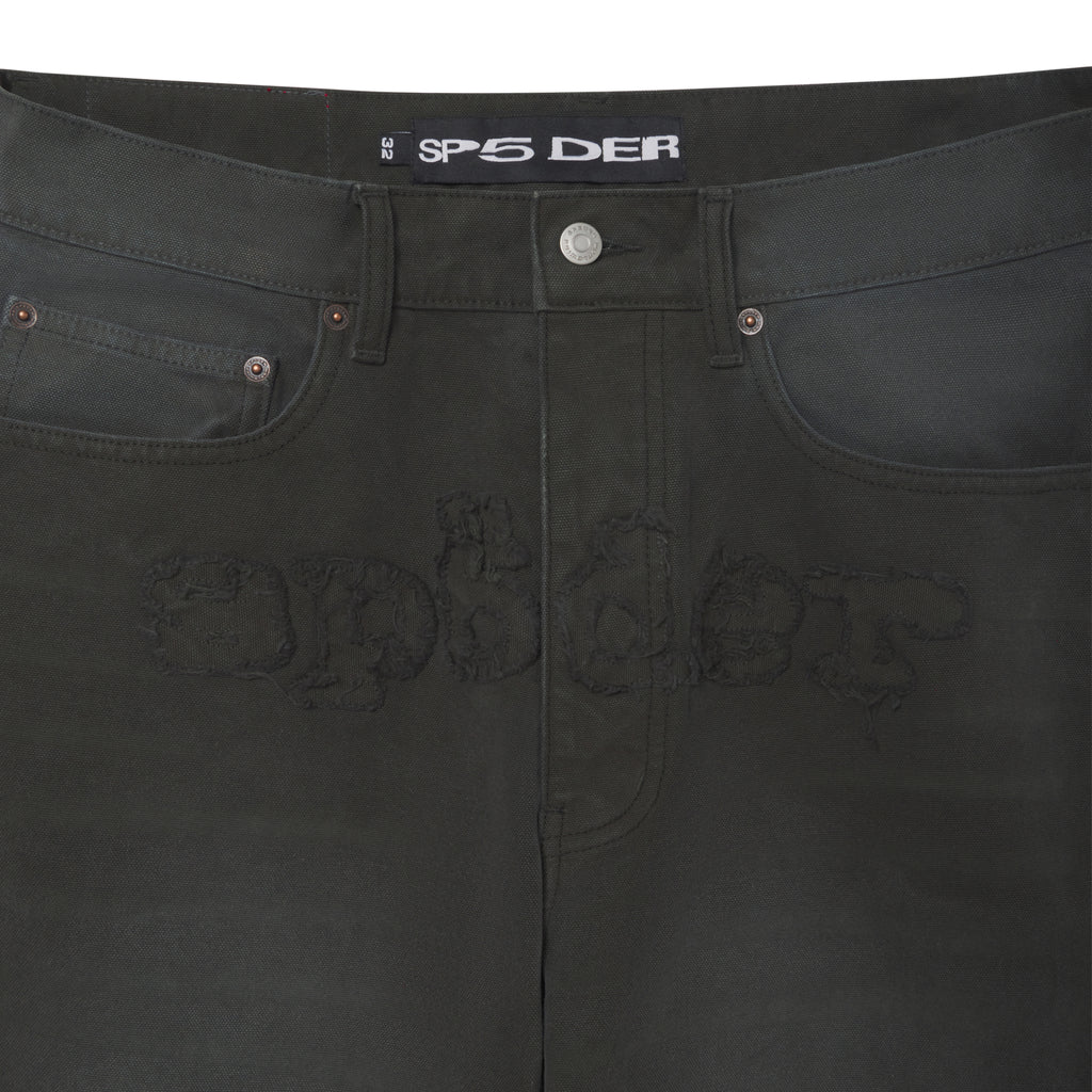 Faded black 13oz denim pants featuring a frayed SP5DER graphic logo, custom branded hardware, and a branded waist label.