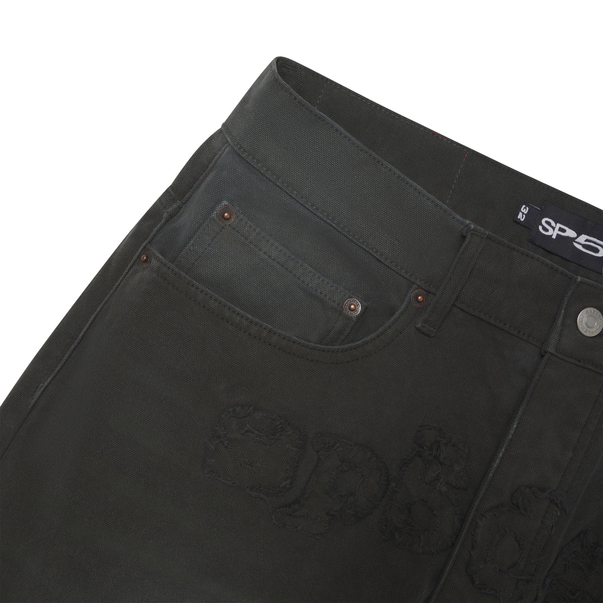 Faded black 13oz denim pants with a frayed SP5DER graphic logo, branded hardware, and a leather back patch.