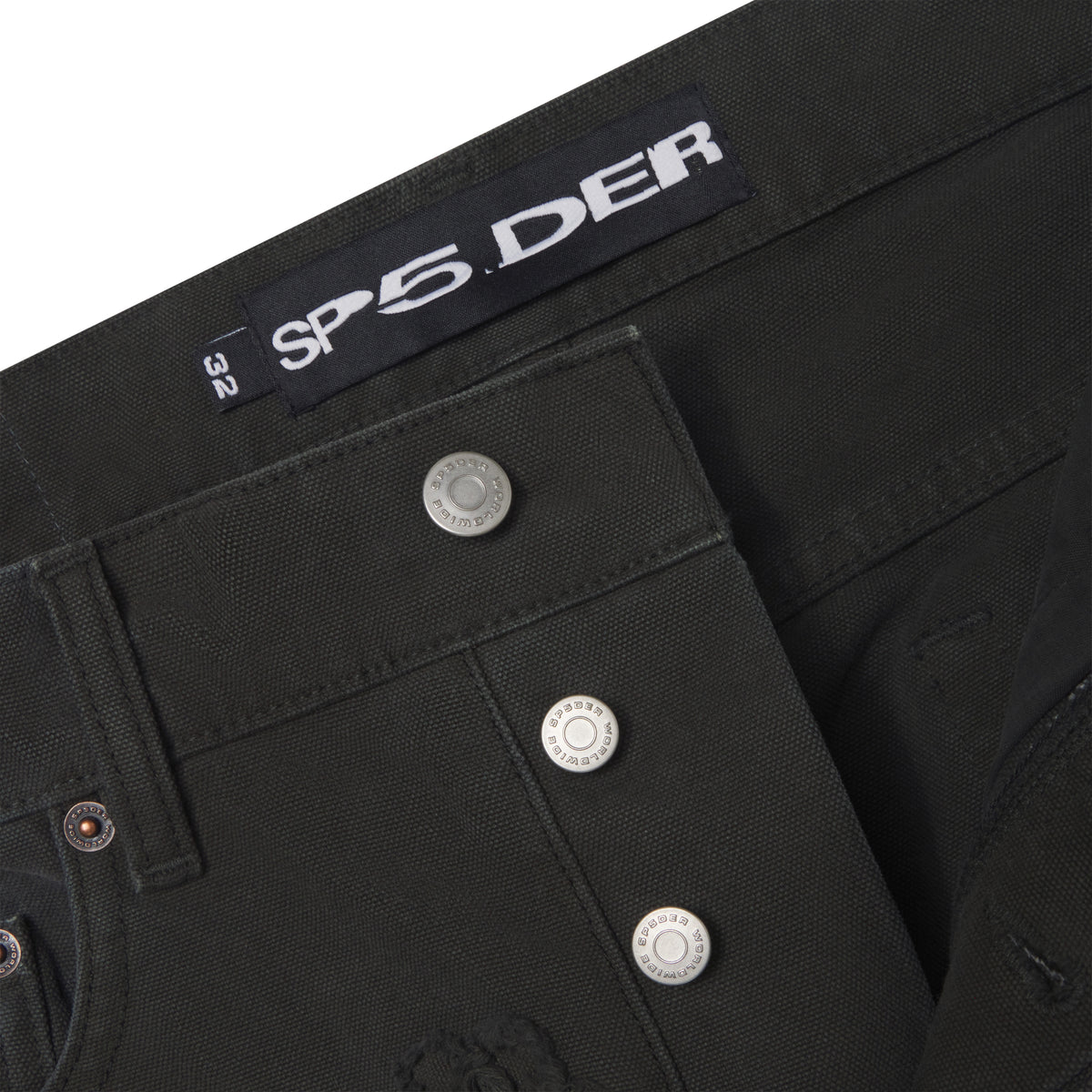 Black 13oz denim jeans featuring custom branded metal shank buttons and a SP5DER leather back patch.