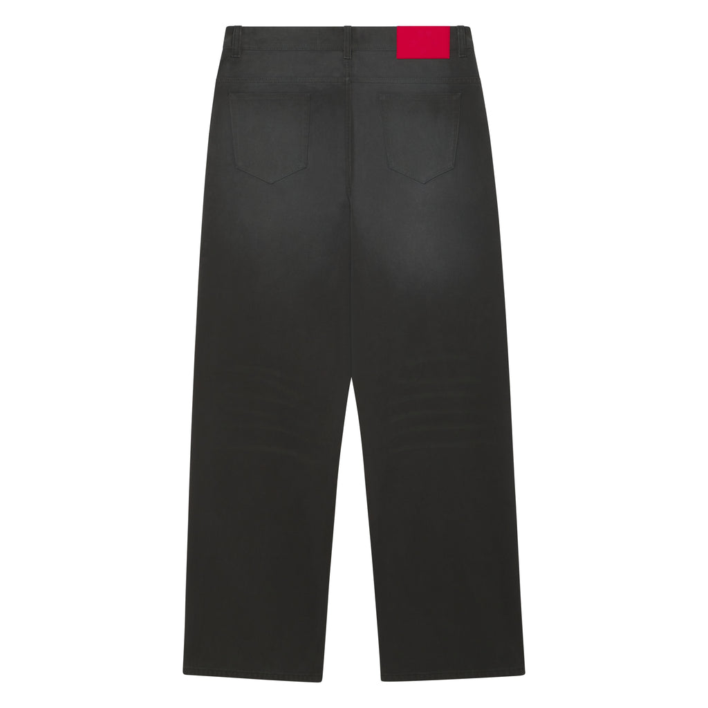 Faded black 13oz straight-leg denim pants featuring a branded red leather back patch.