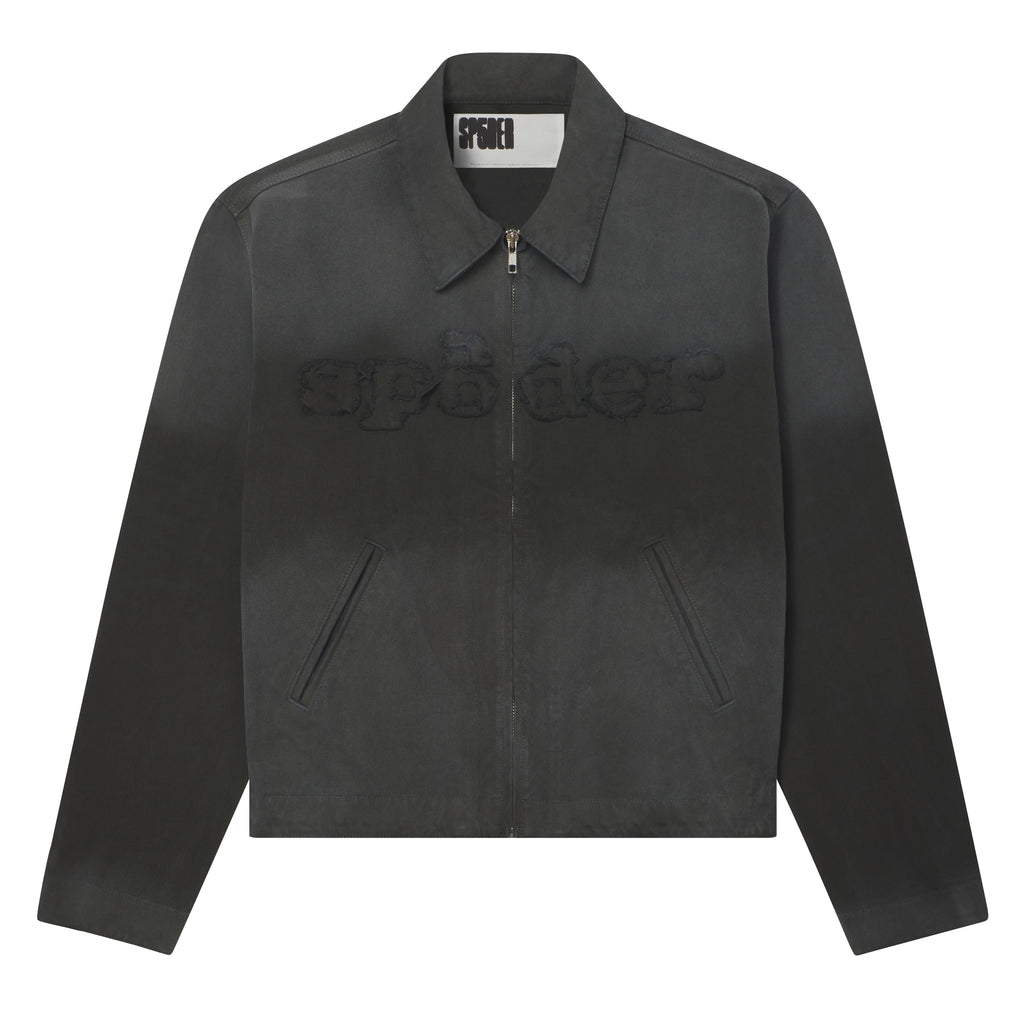 Distressed black 13oz canvas zip-up work jacket with a frayed SP5DER graphic logo on the chest and a boxy silhouette.