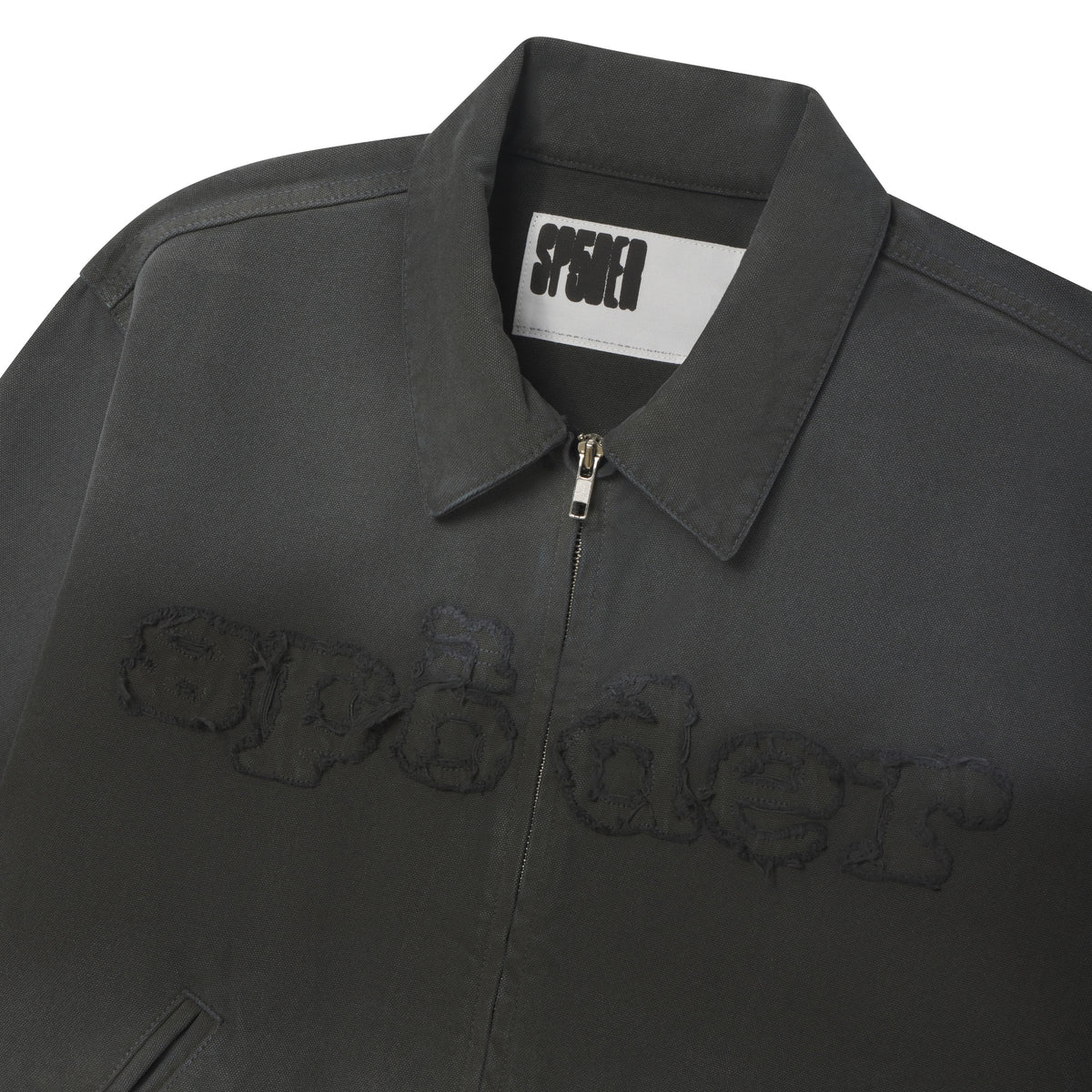 Charcoal 13oz canvas zip-up work jacket featuring a distressed, frayed SP5DER graphic logo across the chest.