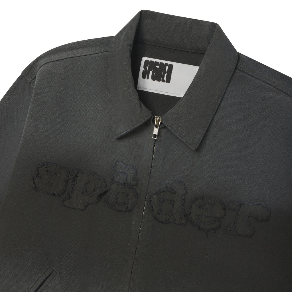 Charcoal 13oz canvas zip-up work jacket featuring a distressed, frayed SP5DER graphic logo across the chest.