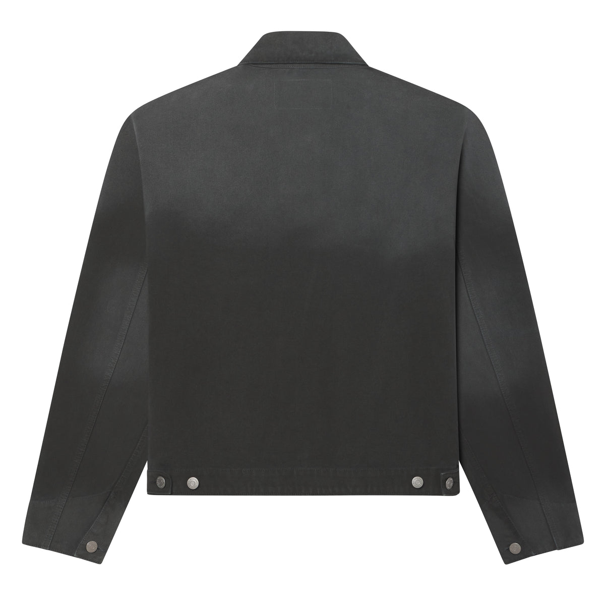 Back view of a black distressed 13oz canvas work jacket with a boxy fit, button cuffs, and adjustable waist tabs.