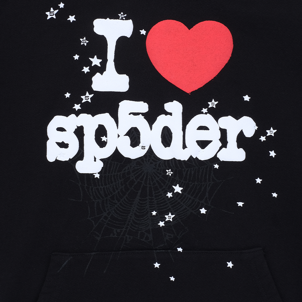 Black fleece hoodie with "I ❤️ sp5der" puff print, stars, and a subtle spiderweb design.