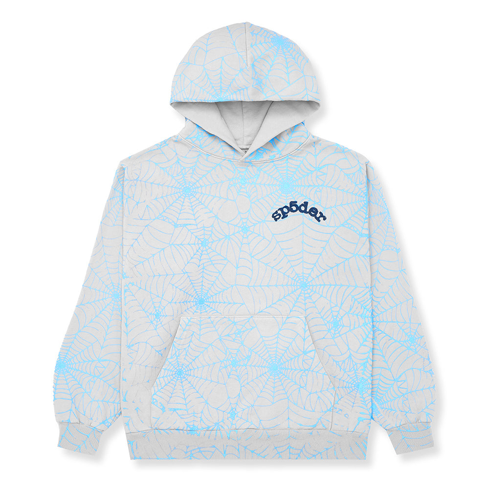 Gray AOP WEB HOODIE with light blue cracked web print and "SP5DER" text on chest.