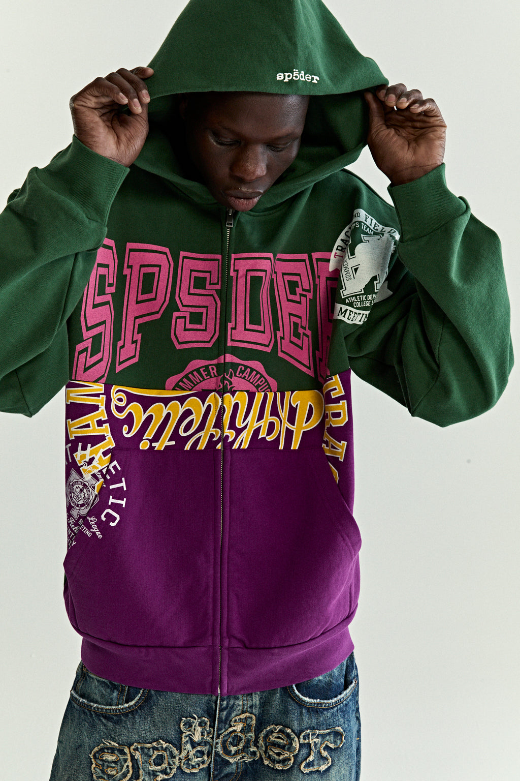 GREEN CAMPERS FIELD ZIP UP HOODIE ON MODEL