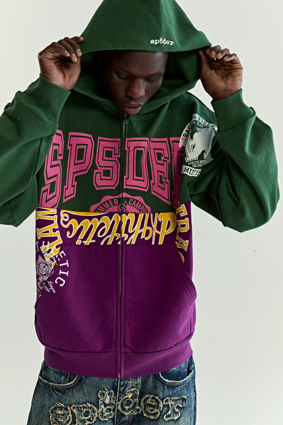 GREEN CAMPERS FIELD ZIP UP HOODIE ON MODEL
