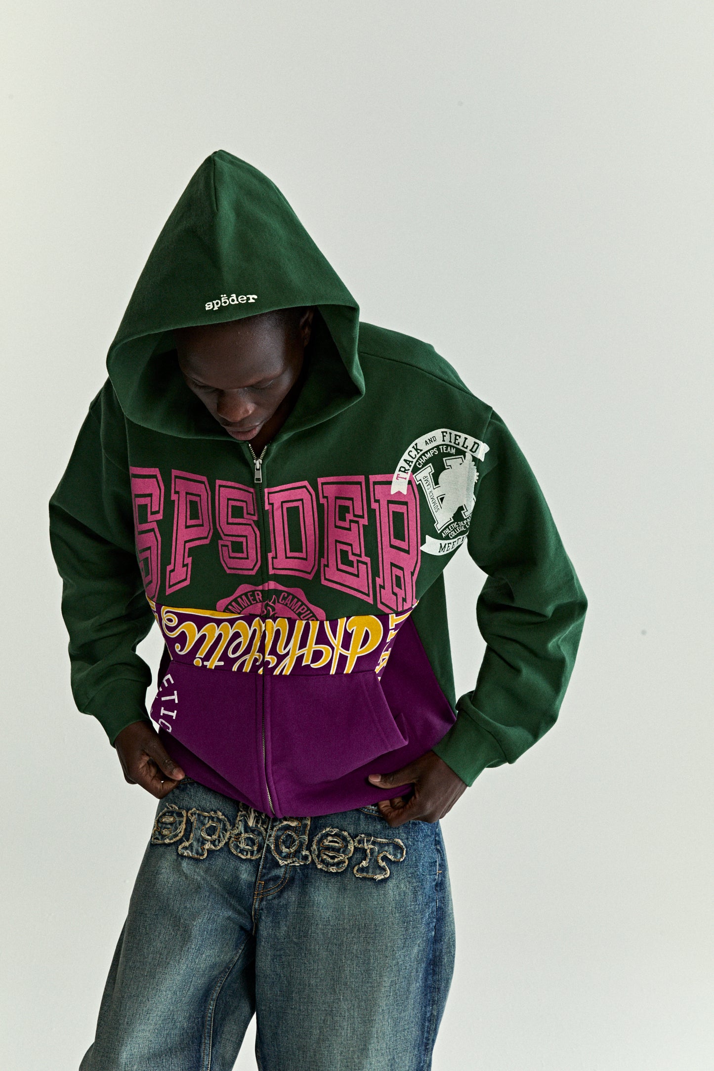 GREEN CAMPERS FIELD ZIP UP HOODIE ON MODEL