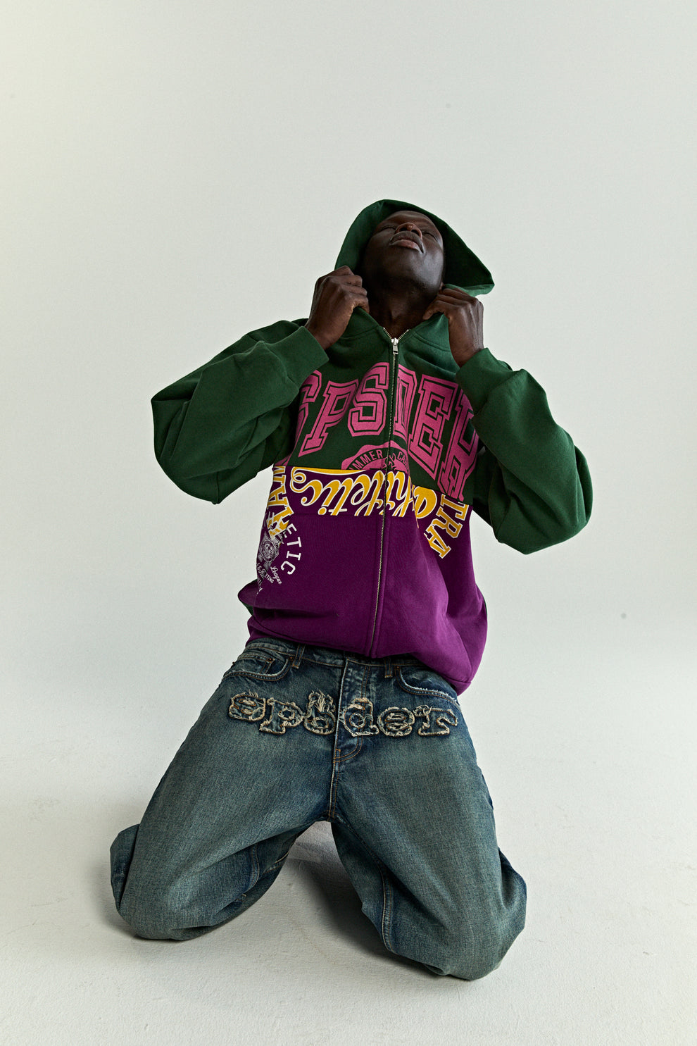 GREEN CAMPERS FIELD ZIP UP HOODIE ON MODEL