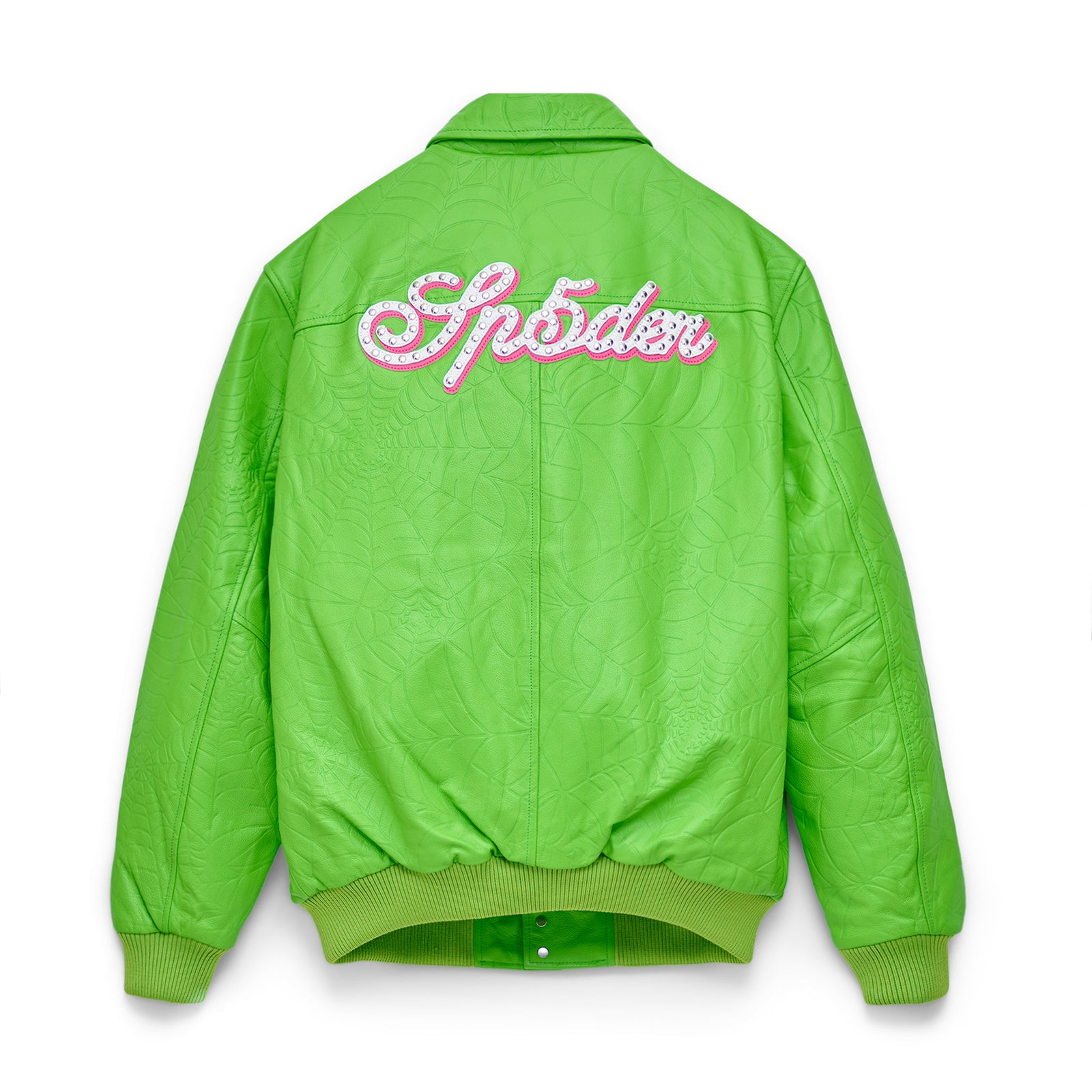 Lime green cowskin leather jacket with debossed web design and "Sp5der" studded text on back.