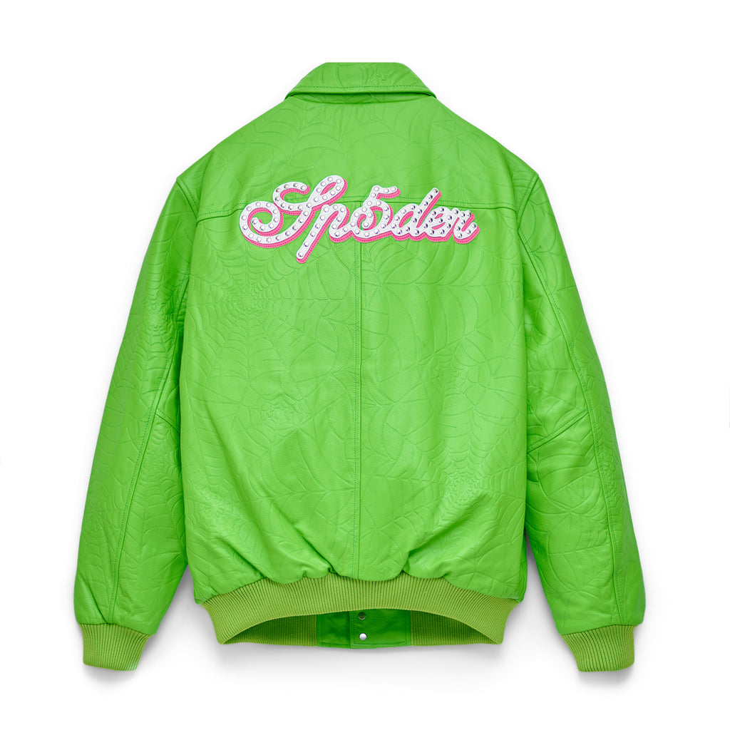 Lime green cowskin leather jacket with debossed web design and "Sp5der" studded text on back.