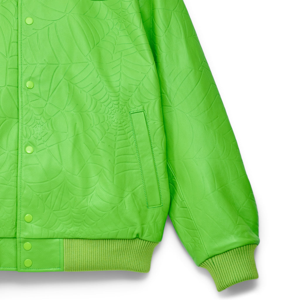 Lime green cowskin leather jacket with debossed web design, press-stud closure, and ribbed cuffs.