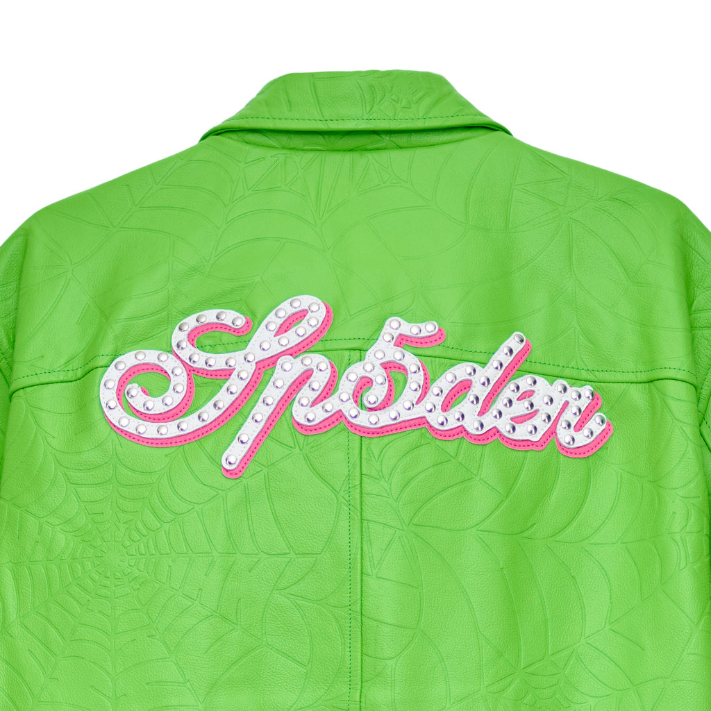 Lime green cowskin leather jacket with debossed web design and studded "Spider" text on back.