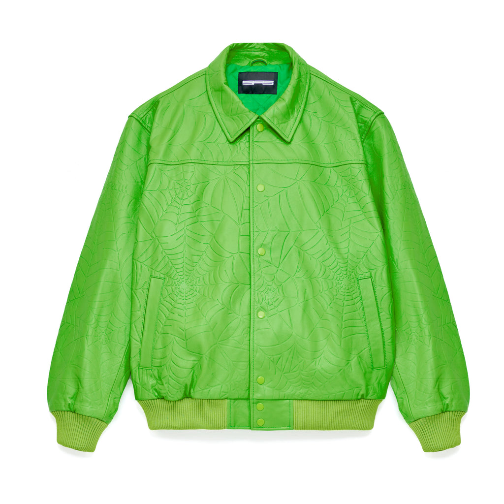 Lime green cowskin leather jacket with debossed web design, spread collar, and press-stud closure.