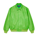 Lime green cowskin leather jacket with debossed web design, spread collar, and press-stud closure.