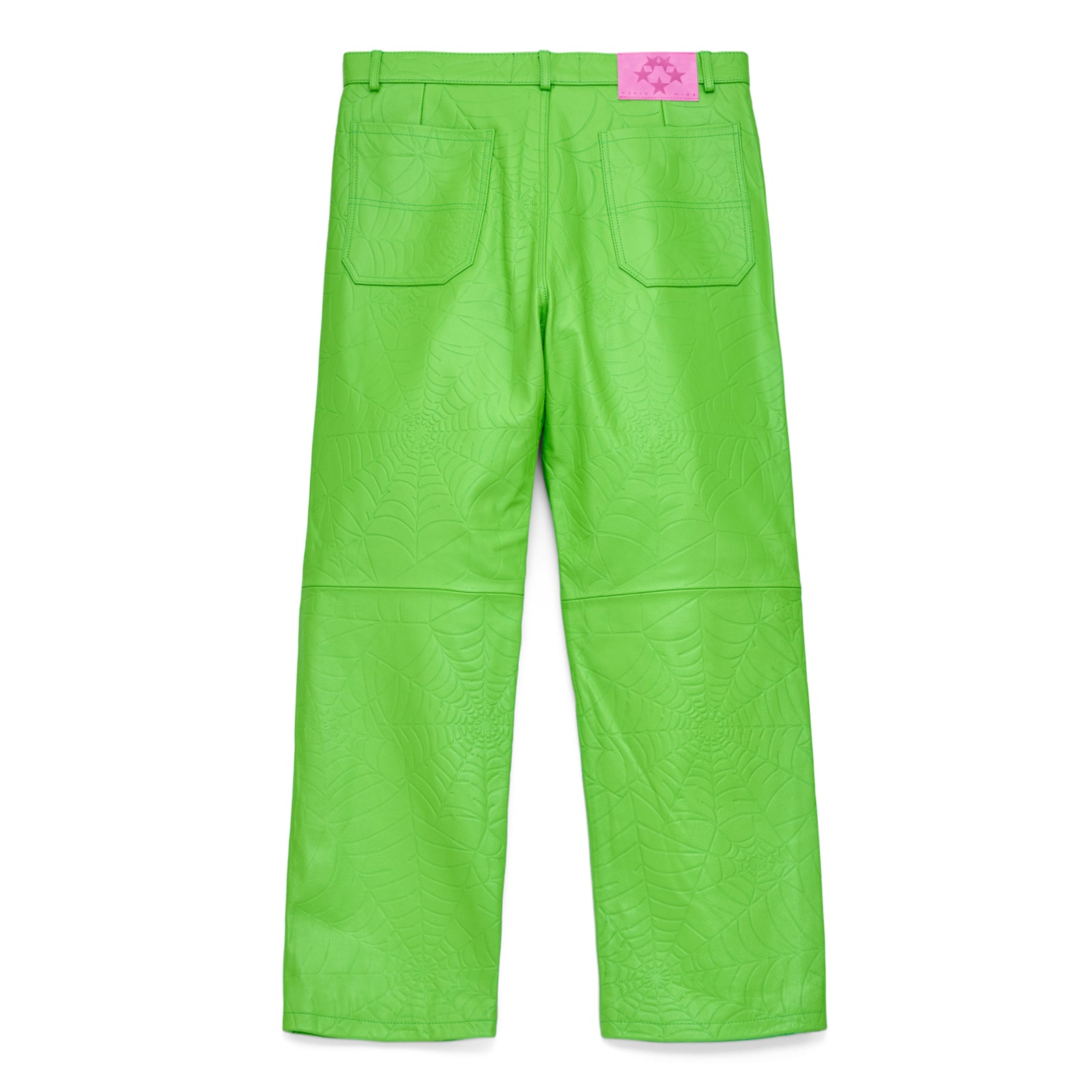 Lime green cowskin leather pants with debossed web design and pink suede logo patch.