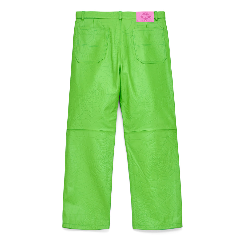 Lime green cowskin leather pants with debossed web design and pink suede logo patch.