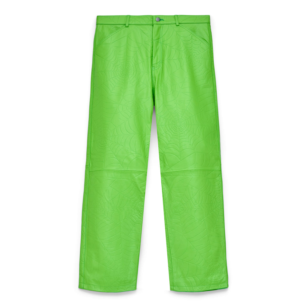Lime green cowskin leather pants with debossed web design, four pocket styling, and button fly.