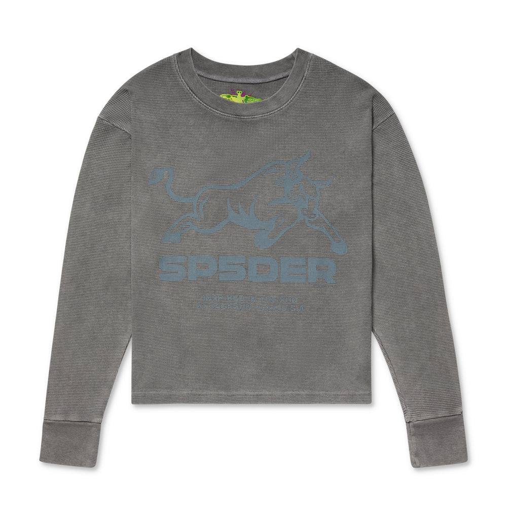 Grey Bull Thermal LS: Waffle long sleeve shirt with blue bull logo on front.