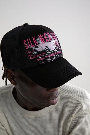 BLACK SILK WEB BANK TRUCKER ON MODEL