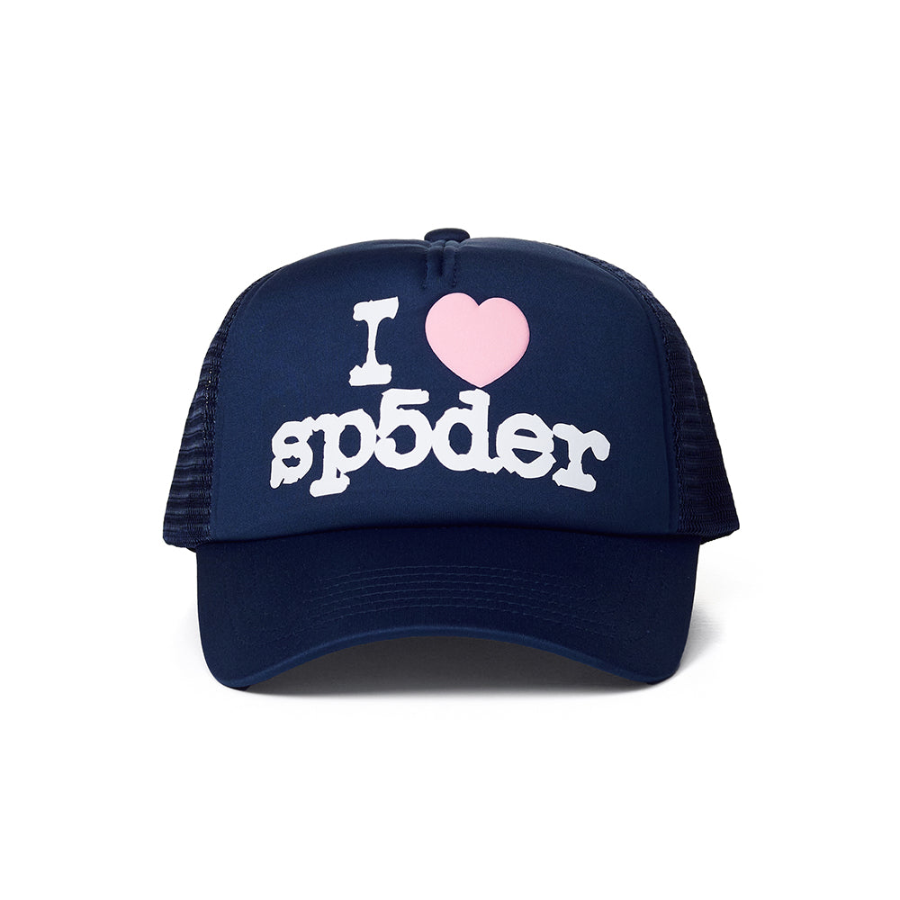 Navy polyester trucker hat with a pink heart and "I sp5der" graphic in white.