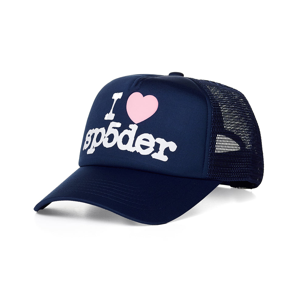 Navy polyester trucker hat with "I ♥︎ sp5der" graphic in white and pink.