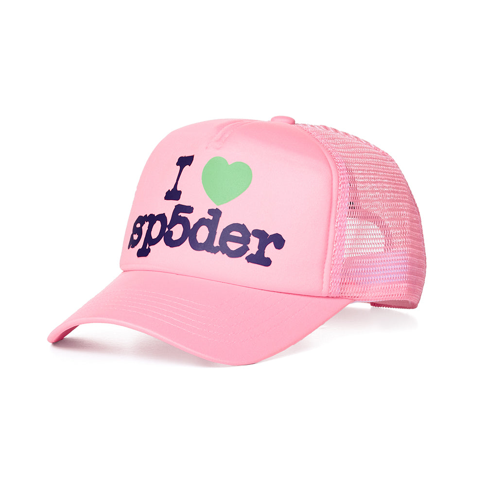 Pink polyester trucker hat with "I ♥︎ sp5der" graphic on front, 5-panel design, and mesh back.