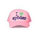 Pink polyester 5-panel trucker hat with "I ♥︎ sp5der" graphic on front.