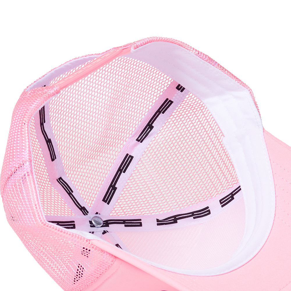 Pink polyester trucker hat, 5-panel design, with mesh back and "I ♥︎ SP5DER" graphic.