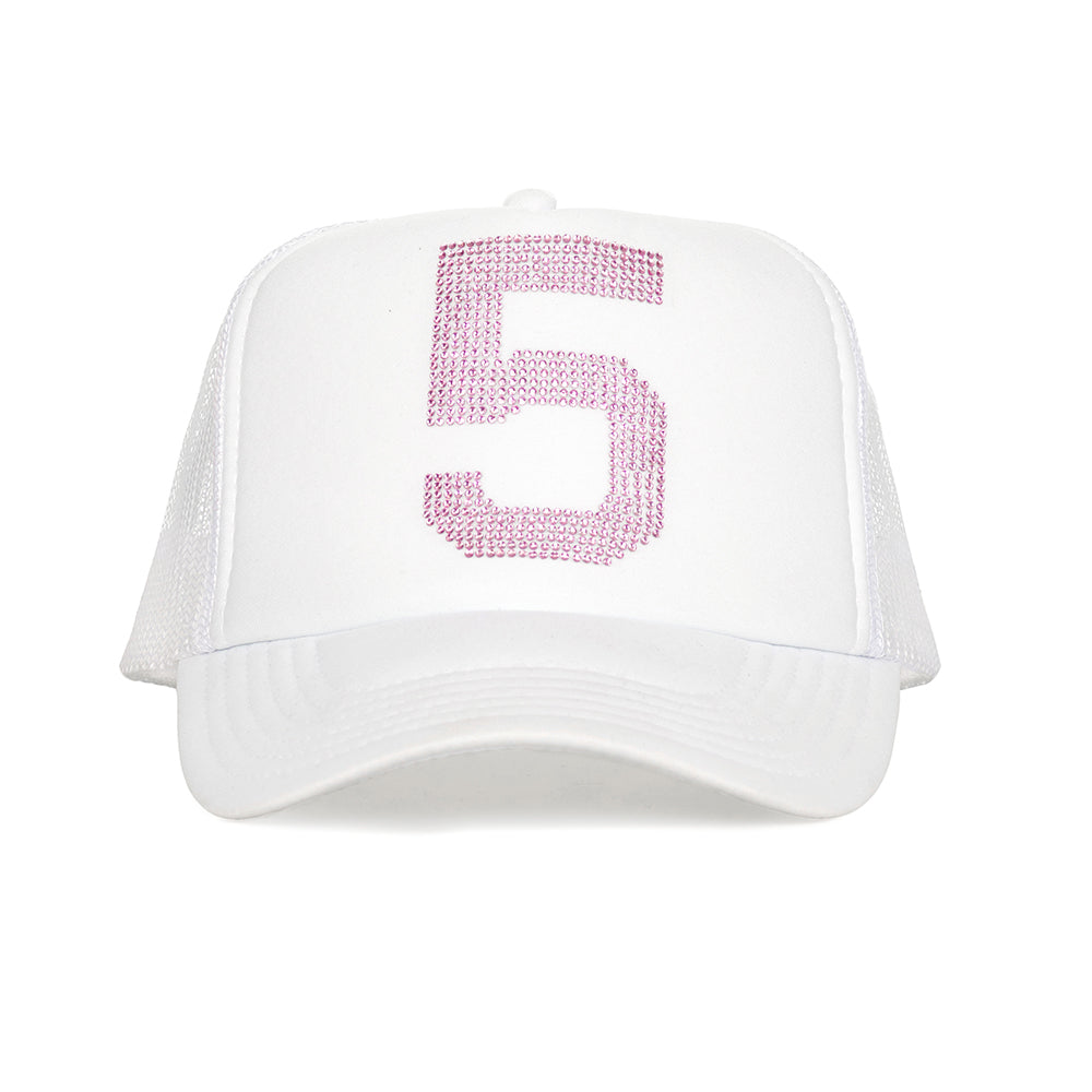 White 555 trucker hat with a rhinestone "5" on the front, 5-panel design, and mesh back.