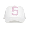 White 555 trucker hat with a rhinestone "5" on the front, 5-panel design, and mesh back.