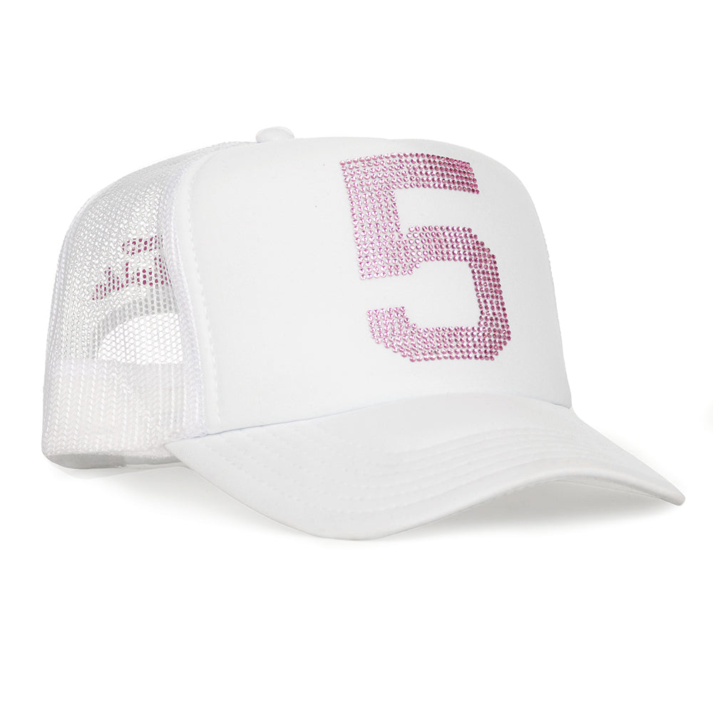 White 555 trucker hat with a large pink rhinestone "5" on the front and embroidered text on the right panel.