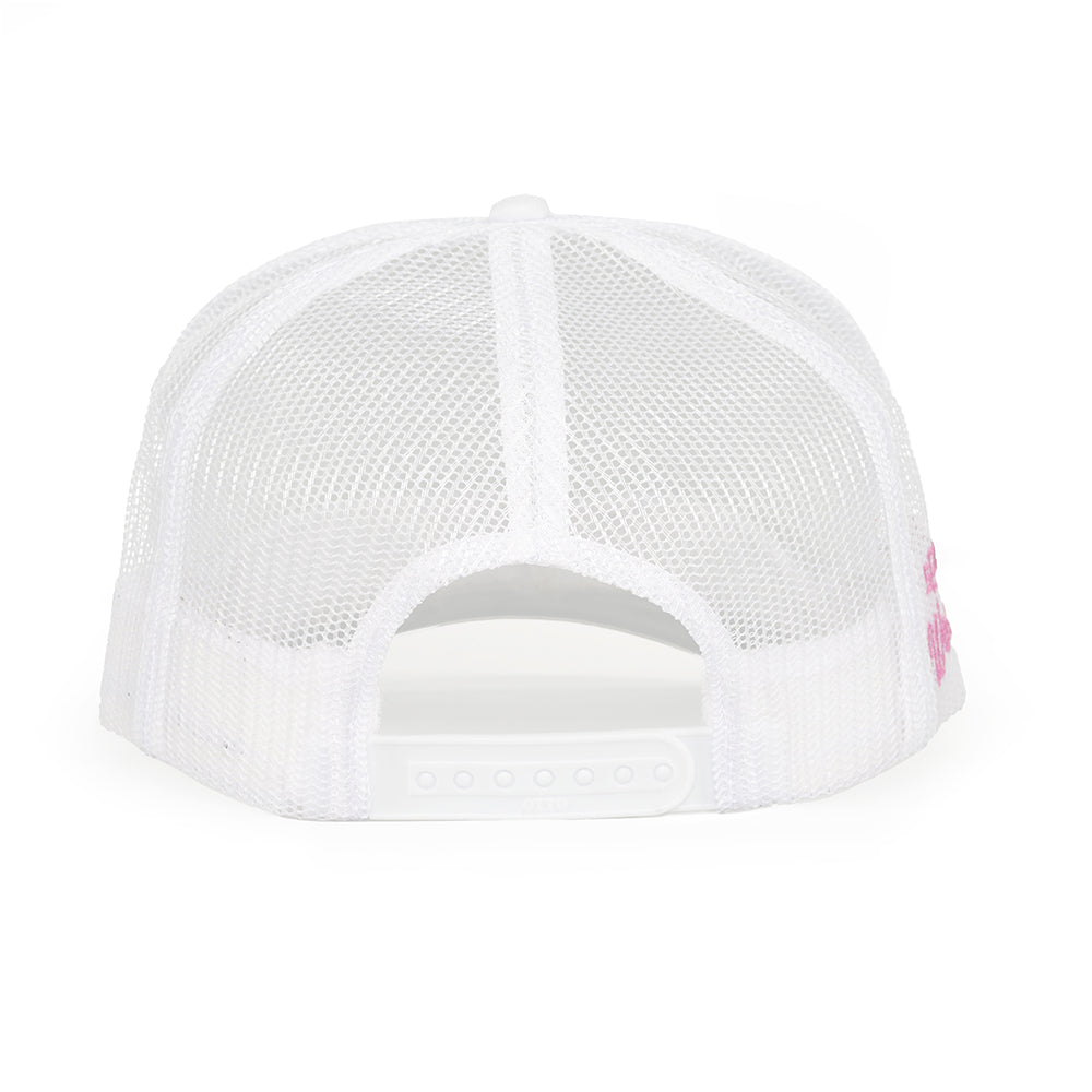 Back of white 5-panel polyester trucker hat with mesh, snapback closure, and pink embroidered text.