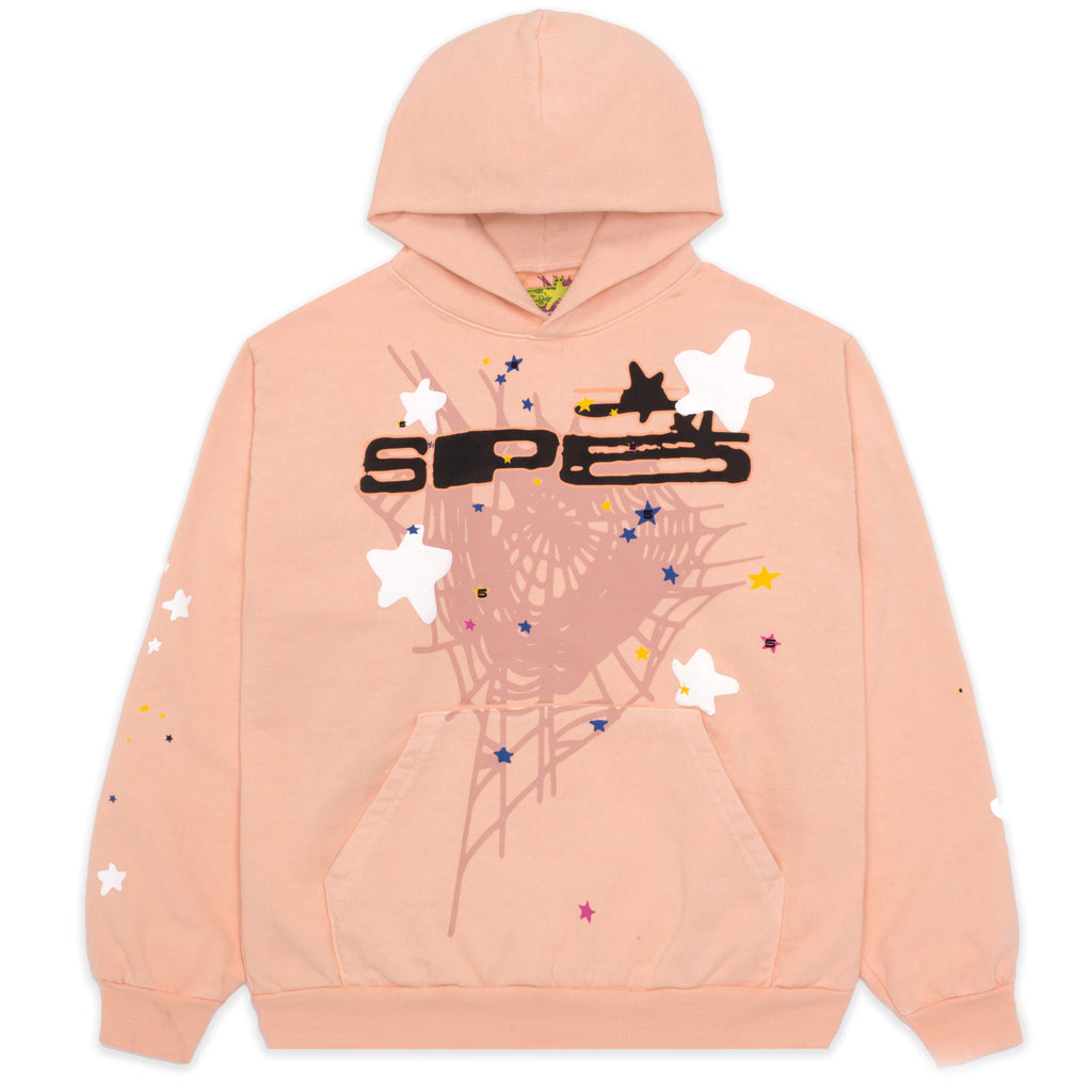 SP5 Bellini Hoodie in peach 23oz fleece with black SP5 puff print, web, and star designs.