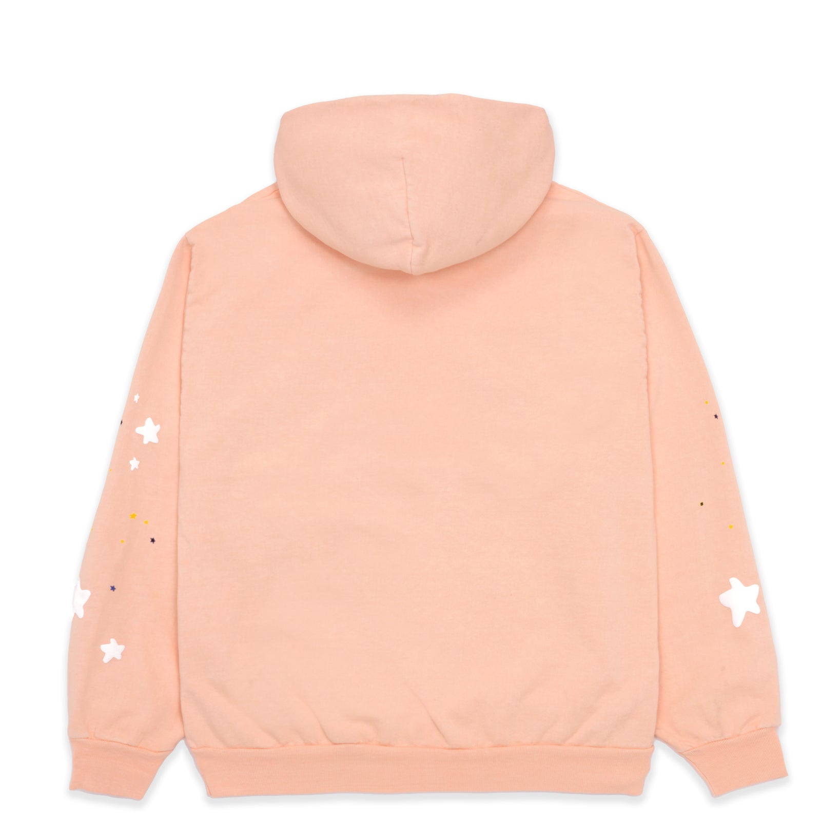 Back of a peach SP5 BELLINI HOODIE with white puff print stars and small colorful dots on the sleeves.