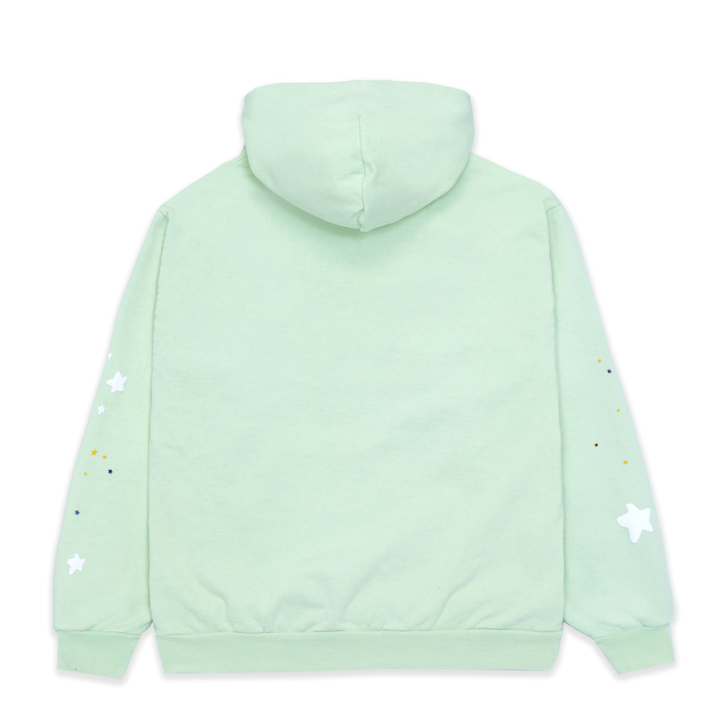 SP5 Mint Hoodie, back view, featuring puff print stars on sleeves and a spacious hood.