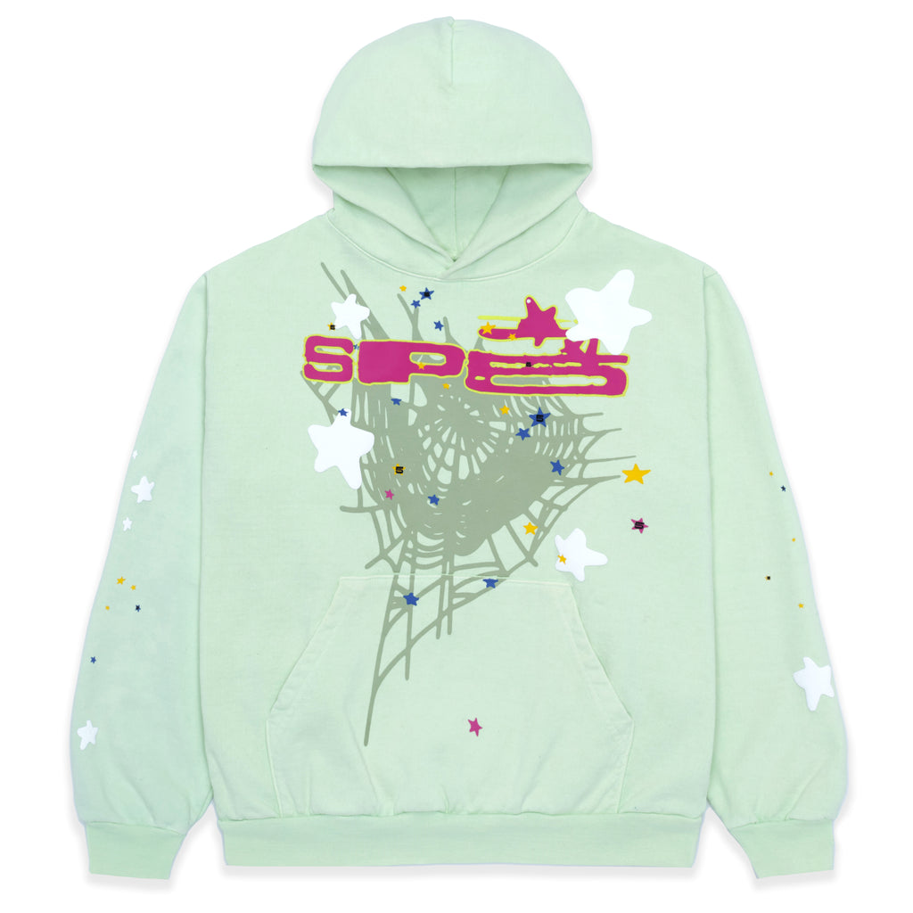 Mint green fleece hoodie with pink "SP5" text, web, and star puff/discharge prints.