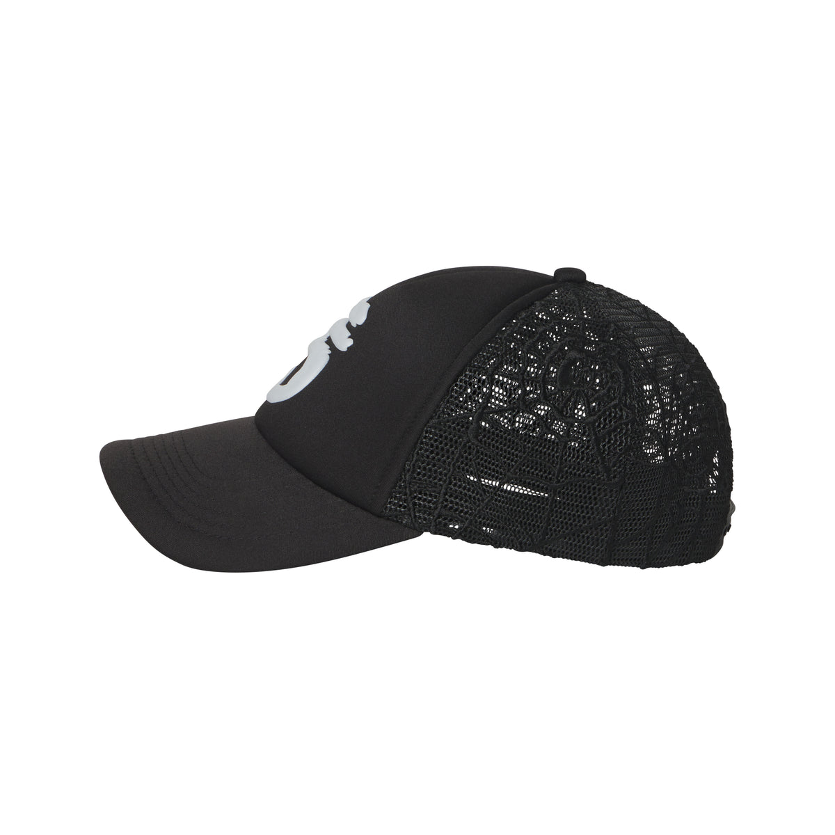 Black trucker hat with a curved brim, white puff print logo, and embroidered web mesh side panels.