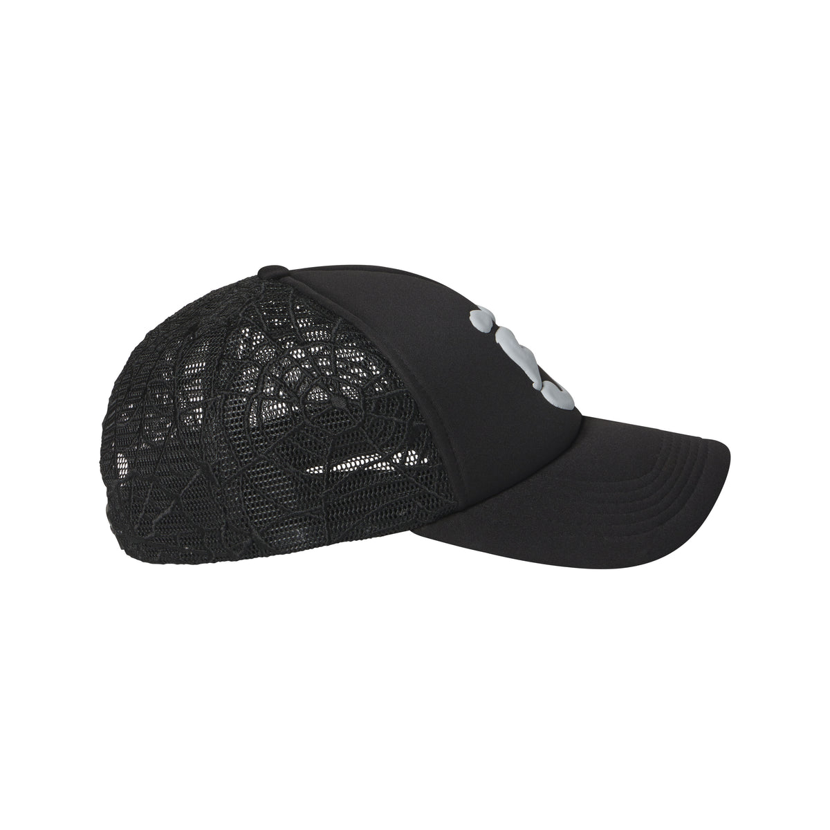 Black trucker hat with a curved brim, puff print logo, and embroidered web mesh side panels.