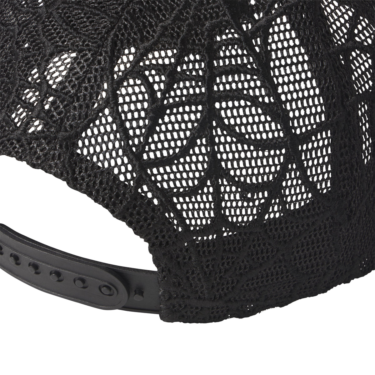 Black trucker hat featuring intricate web mesh panels and an adjustable snapback closure.