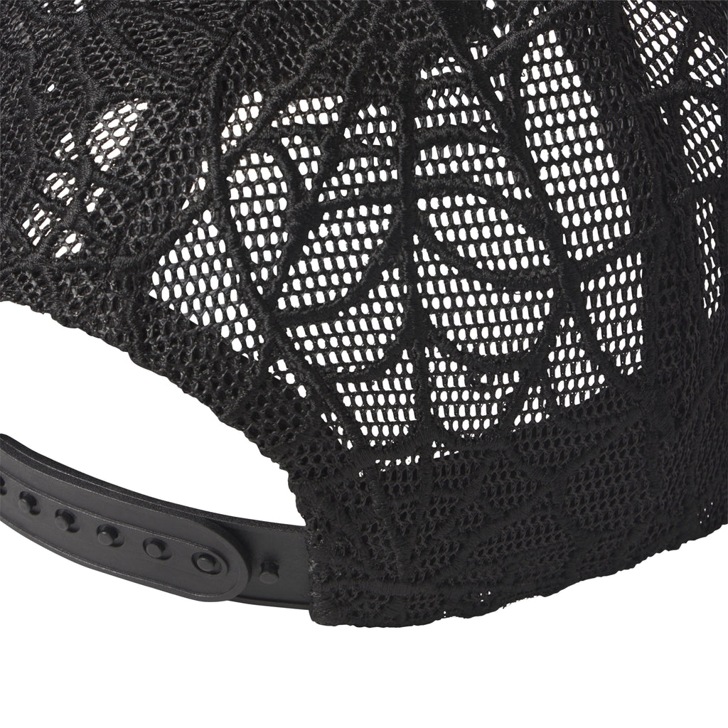 Black trucker hat featuring intricate web mesh panels and an adjustable snapback closure.