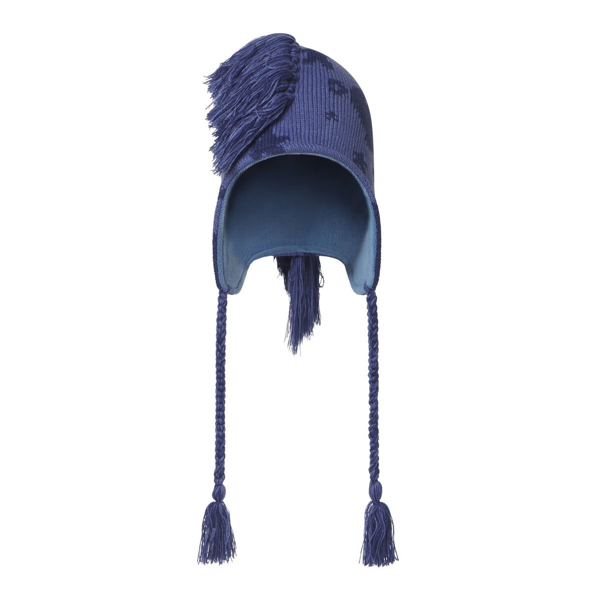 Blue knit hat with a Beluga graphic print, mohawk fringe crown, and ear flaps with braided tie cord tassels.