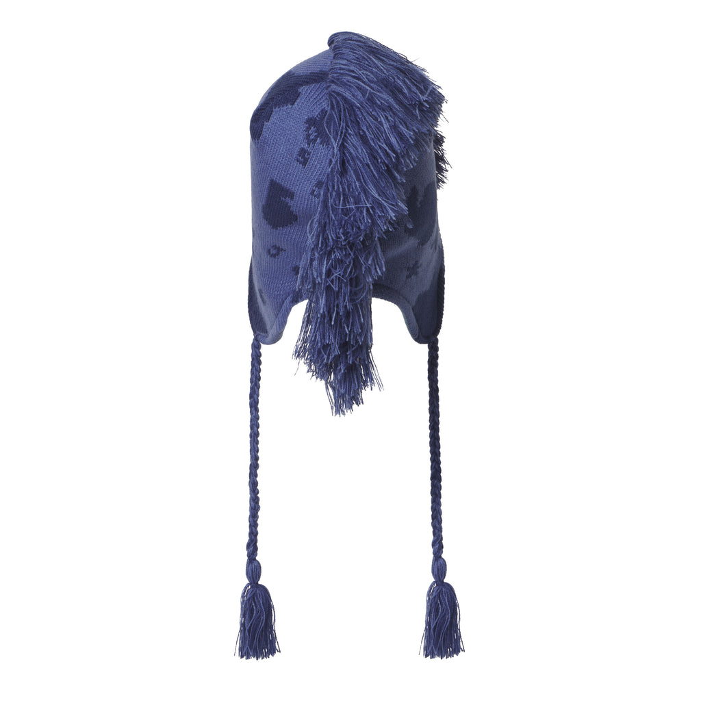 Blue knit hat with a beluga graphic print, mohawk fringe detail, ear flaps, and braided tie cords with tassels.