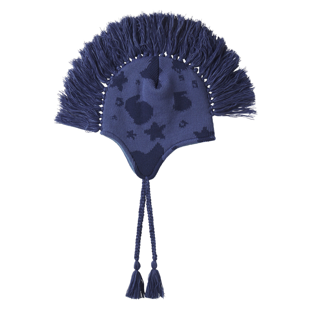 Blue knit hat with beluga graphic print, mohawk fringe crown, and ear flaps with braided tie cord tassels.