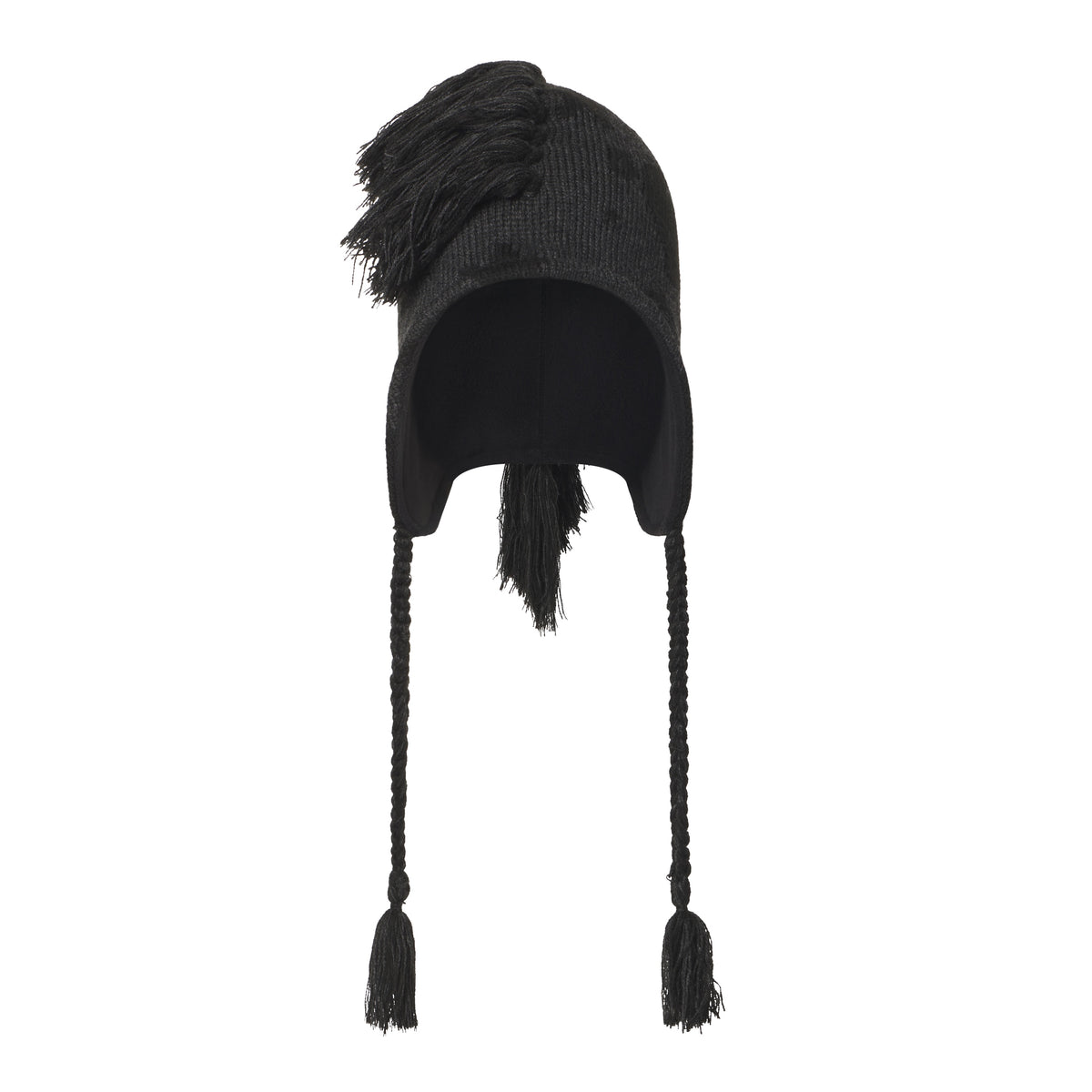 Black knit Beluga hat with a mohawk fringe crown, ear flaps, and braided tie cords with tassels.